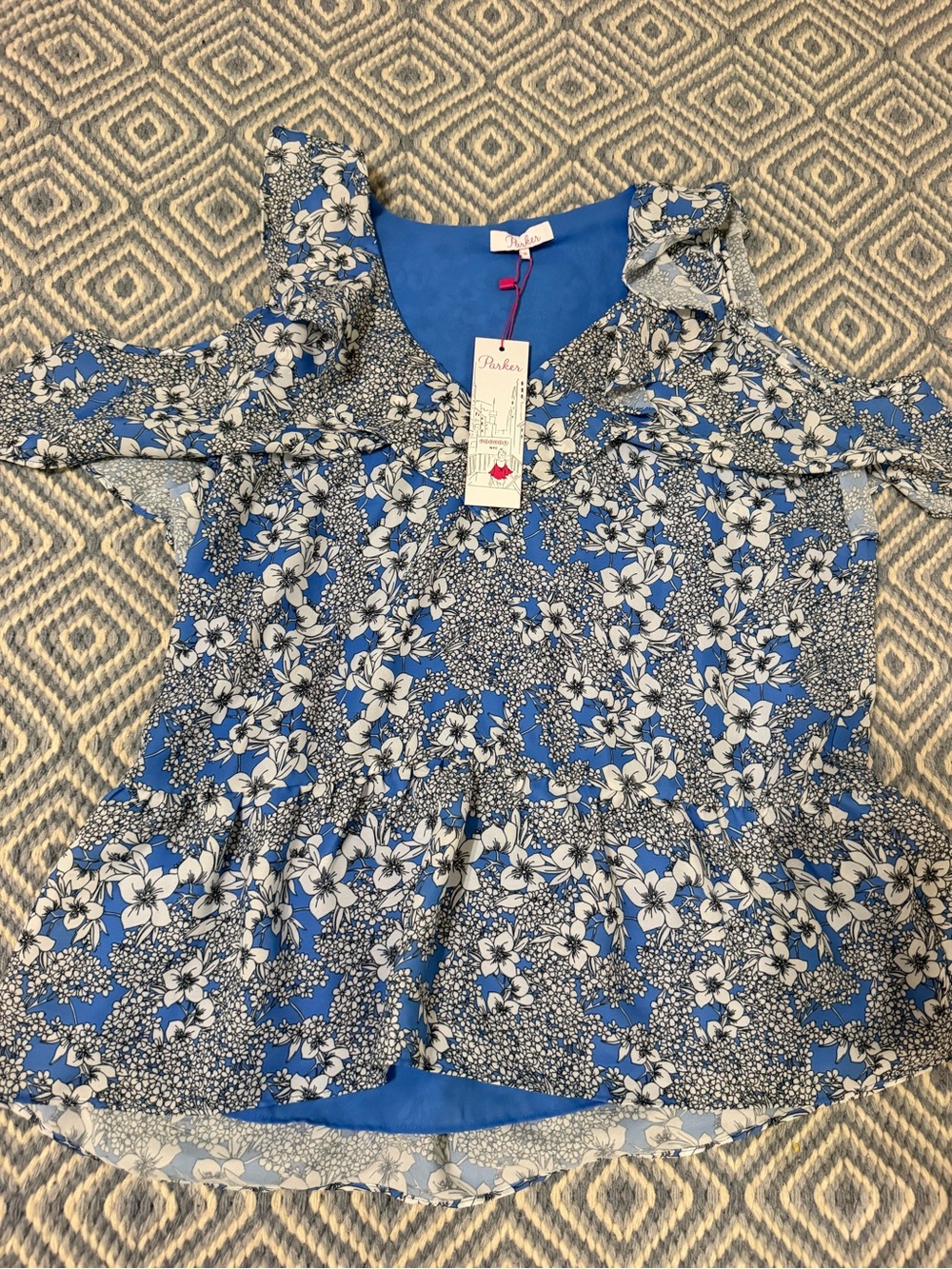 Parker Blue and White Floral Cold-Shoulder Ruffle Blouse blue Lyla